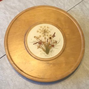 Vintage 13” wood Lazy Susan acrylic center dried floral pattern.
